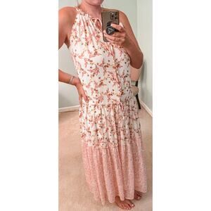 DREW Pink Floral Anthropologie Naomi Vintage Floral Halter V-open Back Dress S